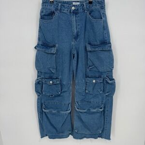 FOREVER 21 Premium Women's Blue Denim Cargo Pants Size 29 Wide Leg Pockets